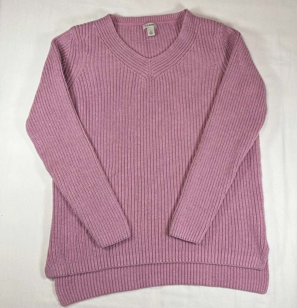 LL Bean V-Neck Ribbed Pullover Sweater Size L Pink